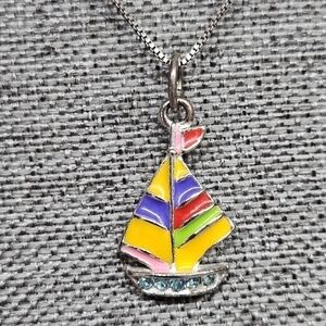 Sterling Silver Colorful Enamel & Rhinestone Sailboat Necklace Charm SS
